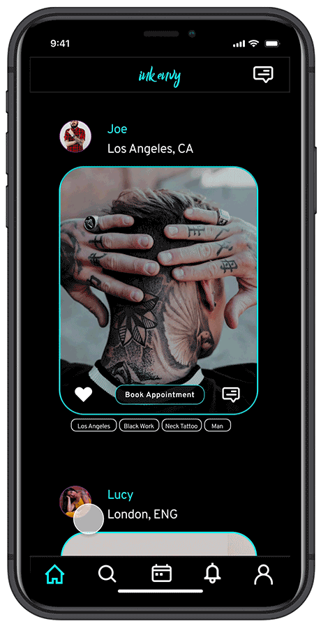 GIF showing the booking sequence on InkEnvy. Press book button, see calendar, select date and time, read disclaimer, send message, and confirm.