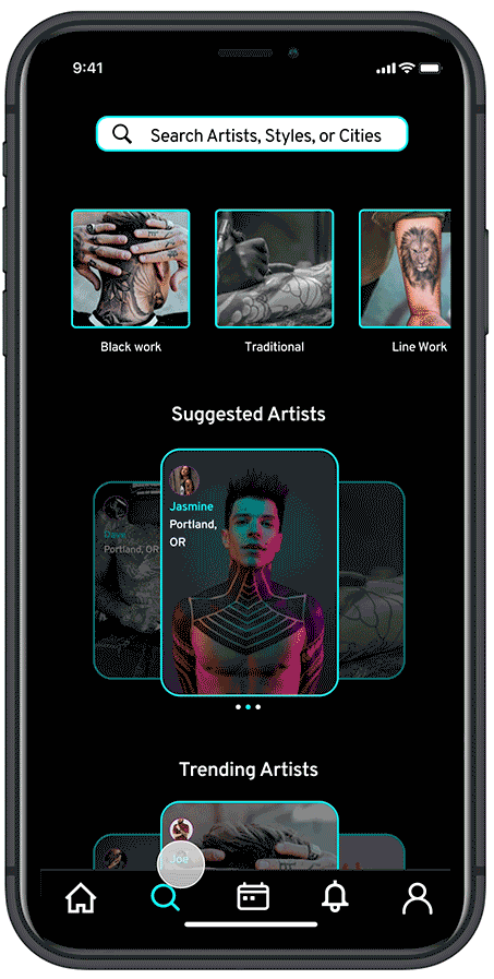 GIF showing and Artist's profile page. User views work, reads reviews, then clicks the Follow button.