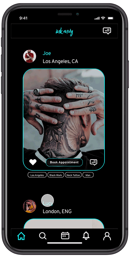GIF showing the notifications feature in InkEnvy. User gets a new notification and navigates to that page to find out an artist they like is visiting their town.