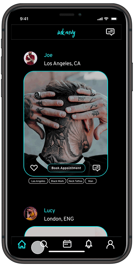 GIF showing the search function in InkEnvy. Goes to Discover page, searches for Porland Line Artists, sees results.
